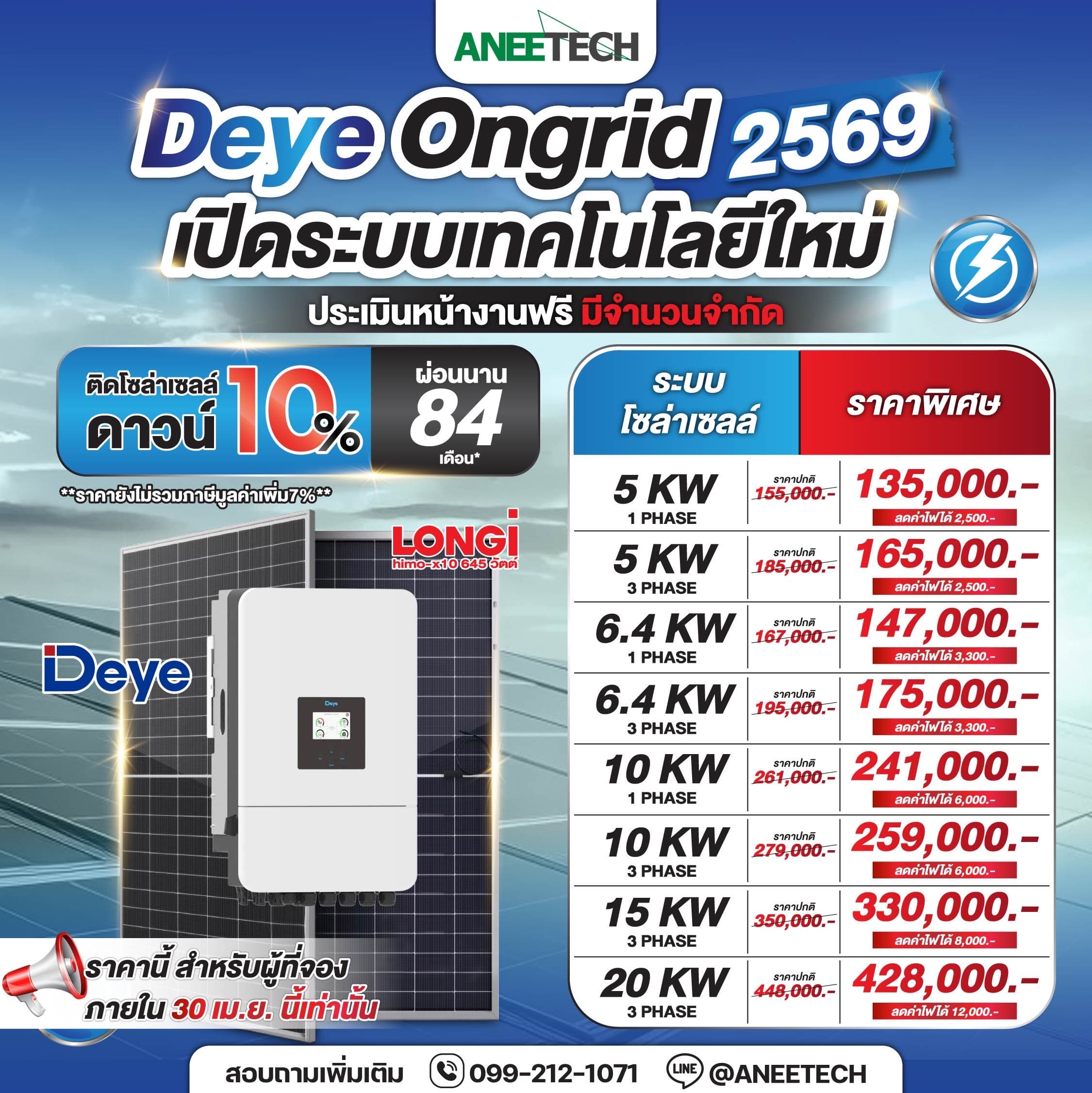 โปรโมชั่นติดตั้งโซล่าเซลล์ ANEETECH Deye Ongrid 2569 เทคโนโลยีใหม่ ราคาพิเศษสุดคุ้ม